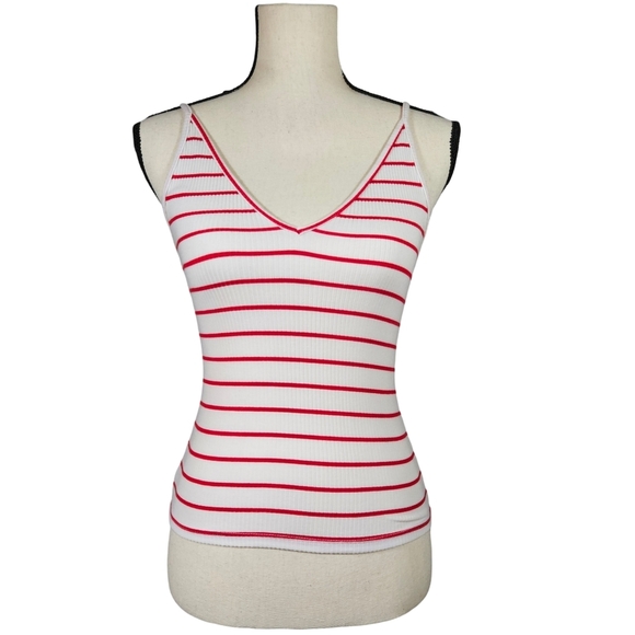 Reformation V Neck Ribbed Tank, Red/White Striped, XS - Picture 1 of 10